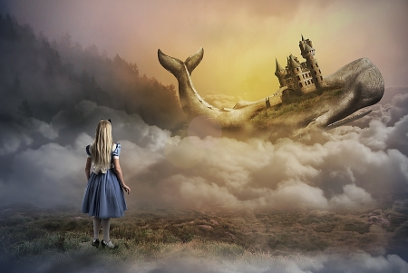 Alice in Wonderland - whale, wonderland, yellow, blue, girl, blonde, fantasy, cloud, alice, little, sky