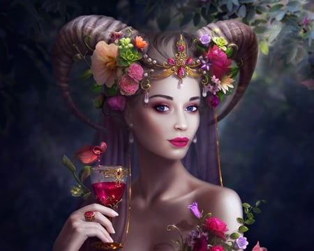 Wild garden - wild garden, girl, beauty, flower, pink, jewel, mashamaklaut, horns, succubus, frumusete, hand, woman, face, luminos, glass, demon