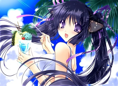 Summer treat - anime, summer, blue, ears, girl, cat, ryuuga shou, drink, manga, white, animal, purple, cute