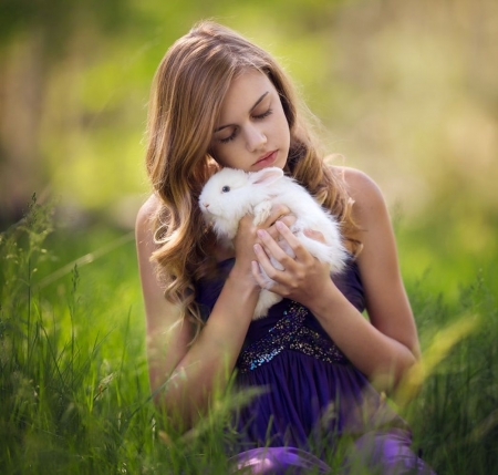 ♥ - girl, rabbit, field, photograpghy