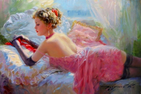 The Red Ribbon - woman, girl, fantasy, razumov, painting, art, pretty, konstantin, beautiful, pink, digital