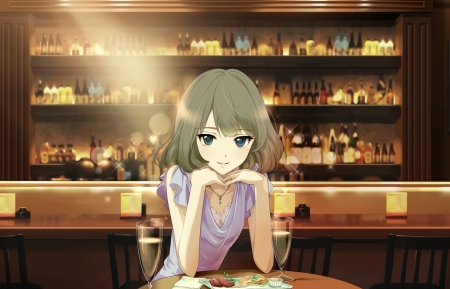 Cafe - pretty, anime, kawaii, female, cafe, scene, dress, green hair, bar, short hair, hd, nice, anime girl, beautiful, girl, table, beauty, lovely, sweet, cute, adorable