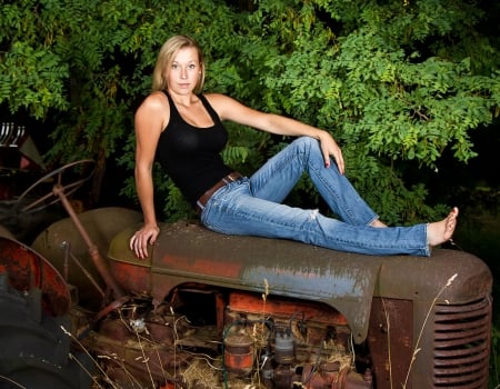 Laid Back.. - women, fun, female, fashion, barefooted, models, western, girls, cowgirl, style, outdoors, blondes, ranch, tractor