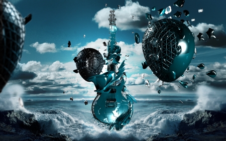 Guitar - waves, guitar, clouds, ocean