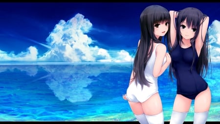 SwimSuit - beauty, nice, sky, female, swimsuit, water, anime girl, black hair, cloud, reflection, anime, scene, prety, sexy, girl, long hair, lovely, hd, blue, beautiful, sweet, smile, sea, happy