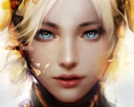 Mercy - yellow, mercy, beauty, frumusete, fantasy, overwatch, face, muju, art, luminos, blue eyes