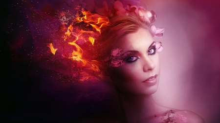 Fire woman - woman, face, girl, yellow, luminos, pink, red, fantasy