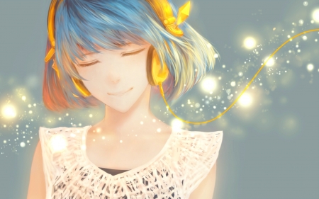 Girl with headphones - bou nin, anime, yellow, blue, manga, headphones, white, face, art