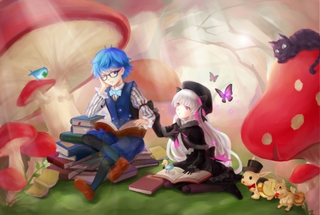 In the woods - anime, blue, children, copil, fate extra, boy, animal, red, caster, art, rhyme, tokikouhime, girl, cat, black, manga, glasses, mushrooms, butterfly, nursery