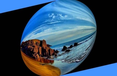 Scenic Rearview Mirror - cliff, ocean, rocks, sky