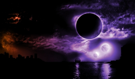 Purple Sky - Moon, Lake, Nature, Sky