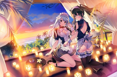 Maids - anime, elegant, kawaii, female, scene, maiden, amour, light, adore, long hair, home, curtain, gorgeous, hd, sky, house, anime girl, beautiful, hot, girl, beauty, maid, lady, cloud, adorable, sexy