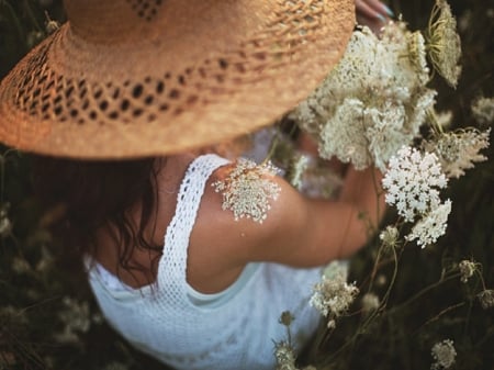 Sweet Summer - straw hat, girl, sundress, sweet, flowers, child