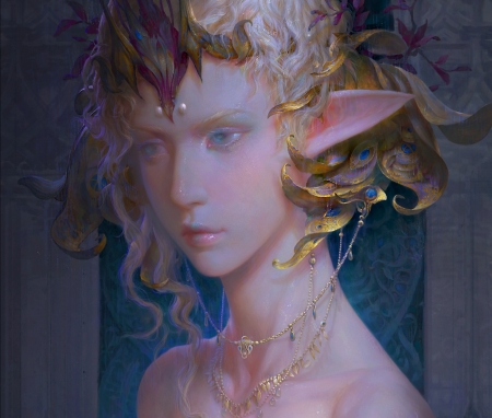 Elf princess - woman, princess, elf, girl, jewel, fantasy, face, art, portrait, luminos, alice bei, jingpeng xu