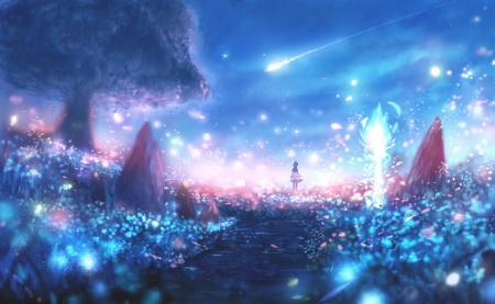 Lights - girl, bou nin, comet, night, lightrs, white, pink, blue, luminos, anime, manga