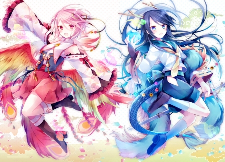 Girls - feather, tail, pink, anime, girl, blue, manga, peacock, ibara riato