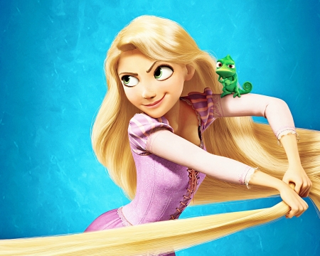 Tangled (2010) - animation, rapunzel, blue, girl, blonde, tangled, chameleon, fantasy, green, movie, princess, disney