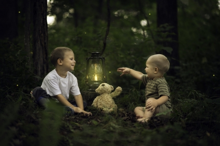 Friends - boys, teddy bear, children, light