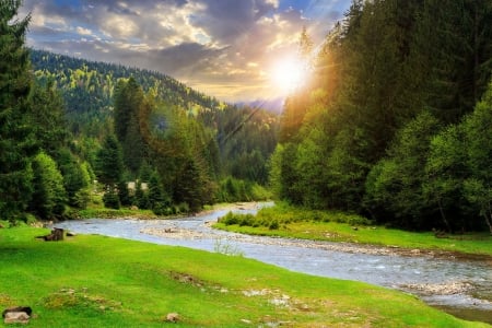 Mountainscape - rays, sky, sunlight, mountain, hills, landscape, greenery, stream, summer, creek, glow, beautiful, river, grass