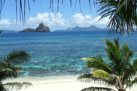 French Polynesia - islands, clouds, beach, sea, palmtrees, sky