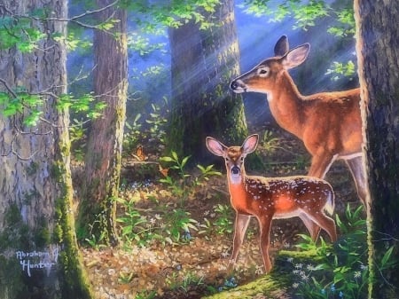 Stroll in the Forest - trees, fawn, summer, attractions in dreams, butterflies, paintings, butterfly designs, forests, nature, deer, love four seasons, rays light