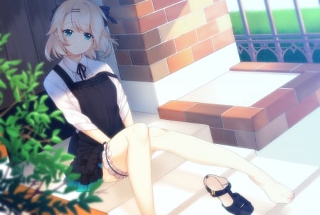 Waiting - nice, beauty, sitting, female, blond, anime girl, blond hair, pretty, blonde hair, anime, t, cute, short hair, maiden, sit, lady, sexy, girl, adorable, lovely, shade, hd, kawaii, beautiful, sweet, blonde, shadow