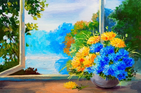 Flowers at the window - pretty, house, summer, beautiful, window, lovely, bouquet, home, flowers, river, view, painting, lake, art