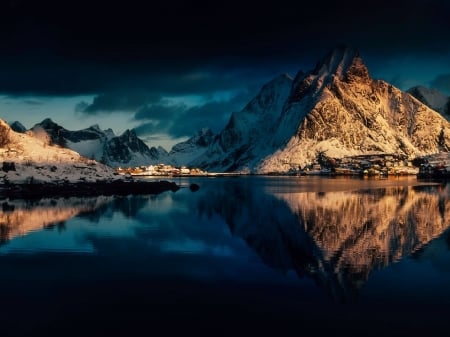 Lofoten Islands, Norway - sky, clouds, village, sea, mountain