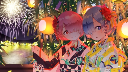 七夕 - pretty, anime, re zero, kawaii, female, scene, maiden, festival, night, light, dark, short hair, adrable, japan, blue hair, hd, nice, pink hair, fireworks, ram, anime girl, girl, kimono, lovely, sweet, yukata, lantern, rem, twins, lady, cute, japanese