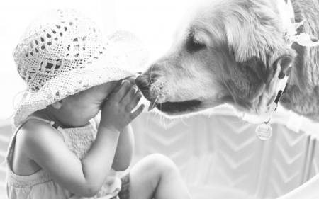 Kiss - white, kiss, dog, child, copil, bw, cute, black