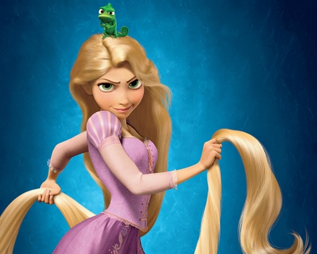 Tangled (2010) - poster, blue, girl, blonde, pink, tangled, chameleon, fantasy, green, movie, princess, disney, luminos