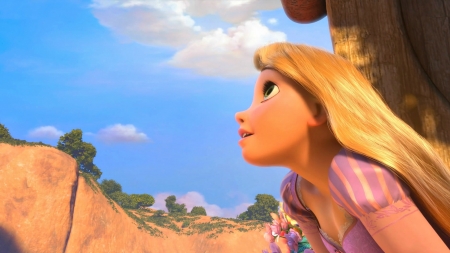 Tangled (2010) - princess, girl, rapunzel, tower, fantasy, luminos, blue, disney, tangled, blonde