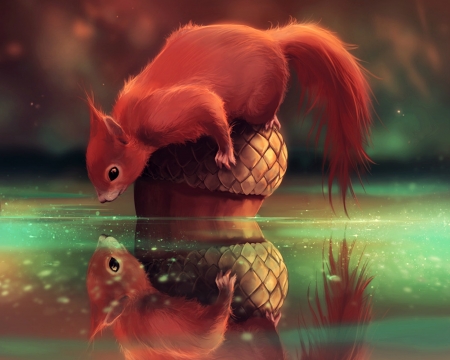 What do you wanna? - what do you wanna, water, pictura, aquasixio, animal, autumn, red, green, painting, acorn, art, squirrel, luminos