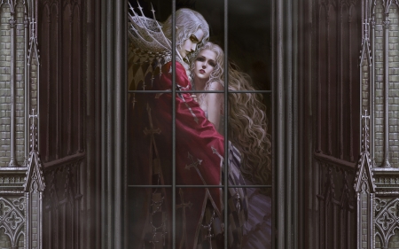 Vampires - woman, beauty, girl, couple, frumusete, vampire, fantasy, window, luminos, man