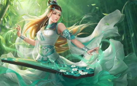 Fantasy girl - game, girl, frumusete, fantasy, instrument, white, green, asian, luminos