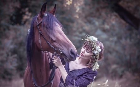 Kiss - summer, girl, horse, animal, wreath, purple, woman, model, kiss, vara