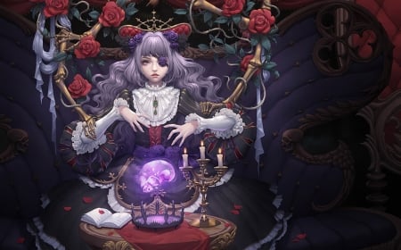 Witch - sorceress, anime, ball, candle, flower, witch, manga, fantasy, purple, hand, red, rose