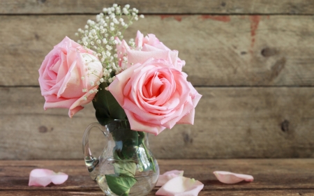 Vase With Roses - vase, roses, nature, petals, pink, still life