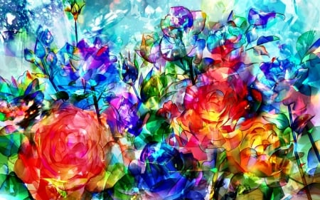 Transparent Colorful Roses - abstract, roses, artwork, beautiful, wide screen, illustration, transparent, painting, art