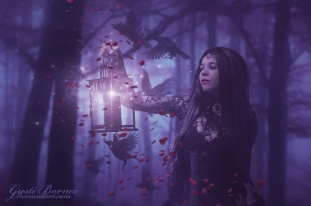 Ravens and Rose - ravens, dark, lady, abstract