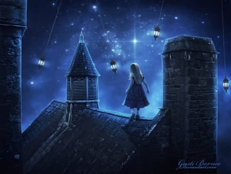 Dream - girl, fantasy, roof, dream