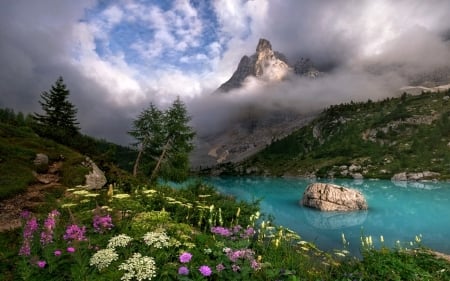 Lake in the Dolomites,Italy - nature, lake, flowers, italy