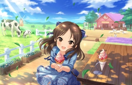 Ice Cream - nice, country side, beauty, farm, sky, female, cow, countryside, anime girl, home, undry side, pretty, cloud, anime, food, house, icecream, cute, scene, maiden, cone, ice cream, lady, adorable, scenic, girl, lovely, hd, kawaii, beautiful, sweet, dress