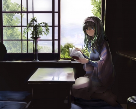 Summary - beauty, nice, female, reading, anime girl, book, read, home, pretty, table, anime, house, scene, maiden, lady, girl, long hair, lovely, hd, beautiful, sweet, green hair