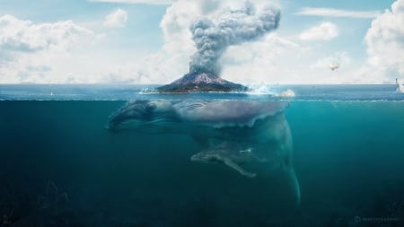 Fantasy island - cloud, summer, water, blue, white, creative, fantasy, island, whale, smoke, sea, vara