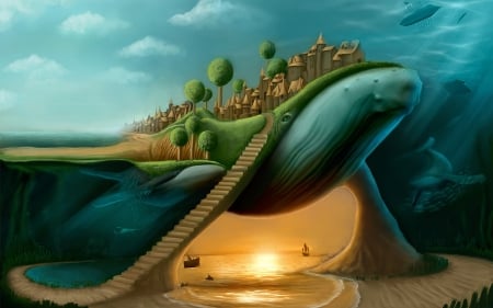 Fantasy - whale, yellow, blue, tree, pictura, painting, surreal, art, luminos