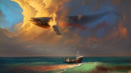 Fantasy - vara, whale, summer, fire, painting, art, ship, cloud, yellow, luminos, blue, pictura, w ater, sea, surreal