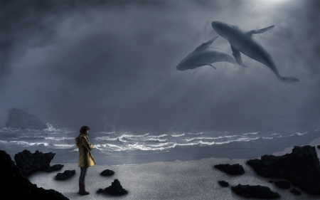 Fantasy - whale, summer, girl, sea, fantasy, grey, art, vara, luminos, sky