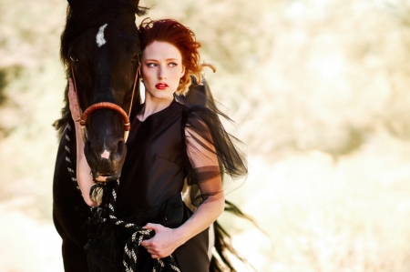 Girl and horse - black, animal, redhead, woman, model, girl, horse