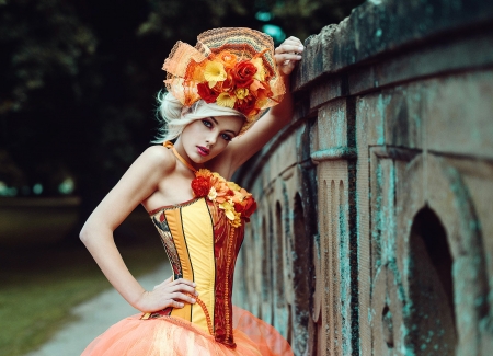 Beauty - woman, model, girl, corset, orange, flower